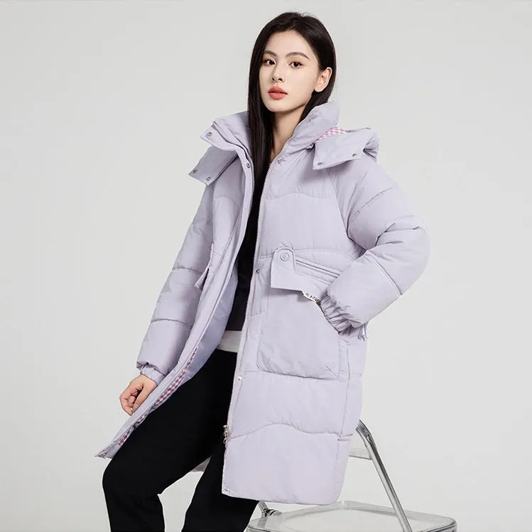 Solid Zip-up Women's Puffer Jacket Featuring Large Flap Pockets