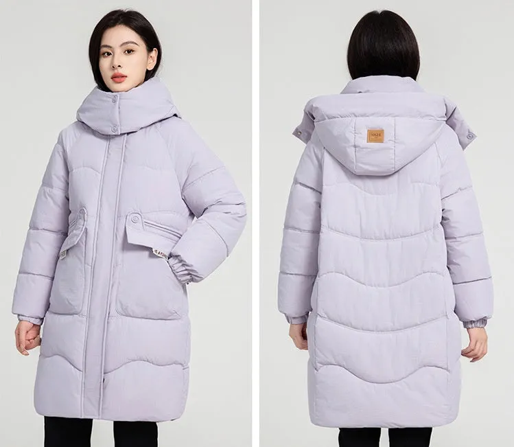 Solid Zip-up Women's Puffer Jacket Featuring Large Flap Pockets