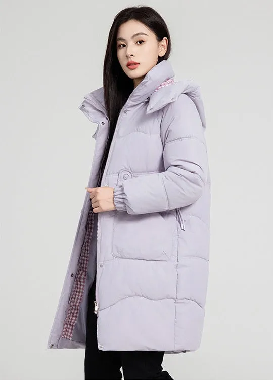 Solid Zip-up Women's Puffer Jacket Featuring Large Flap Pockets