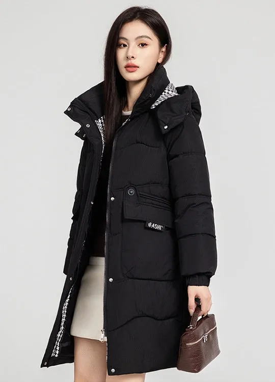 Solid Zip-up Women's Puffer Jacket Featuring Large Flap Pockets
