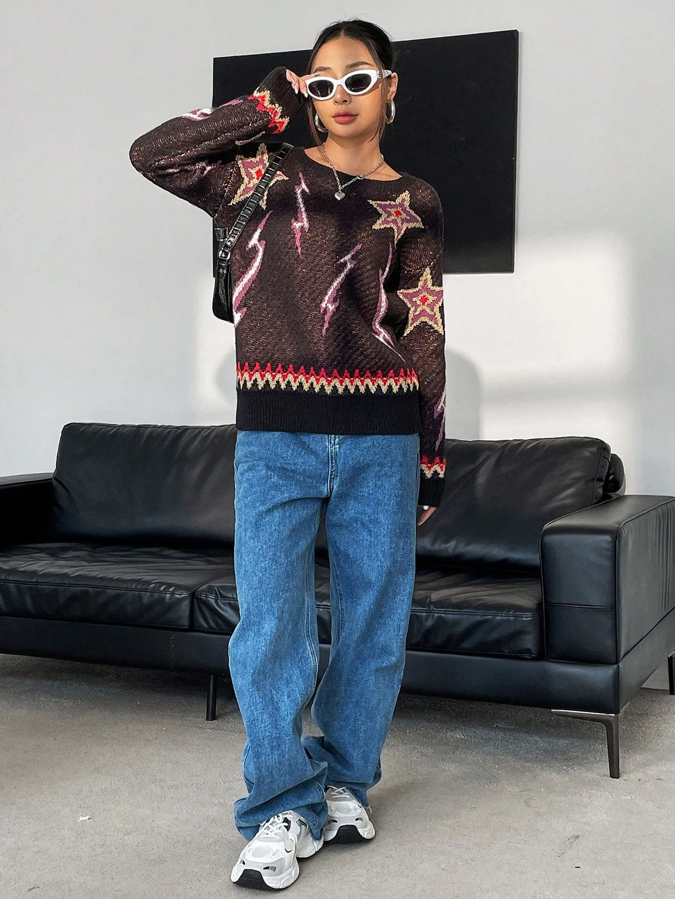 Star & Lightning Pattern Drop Shoulder Sweater