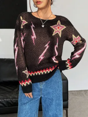 Star & Lightning Pattern Drop Shoulder Sweater