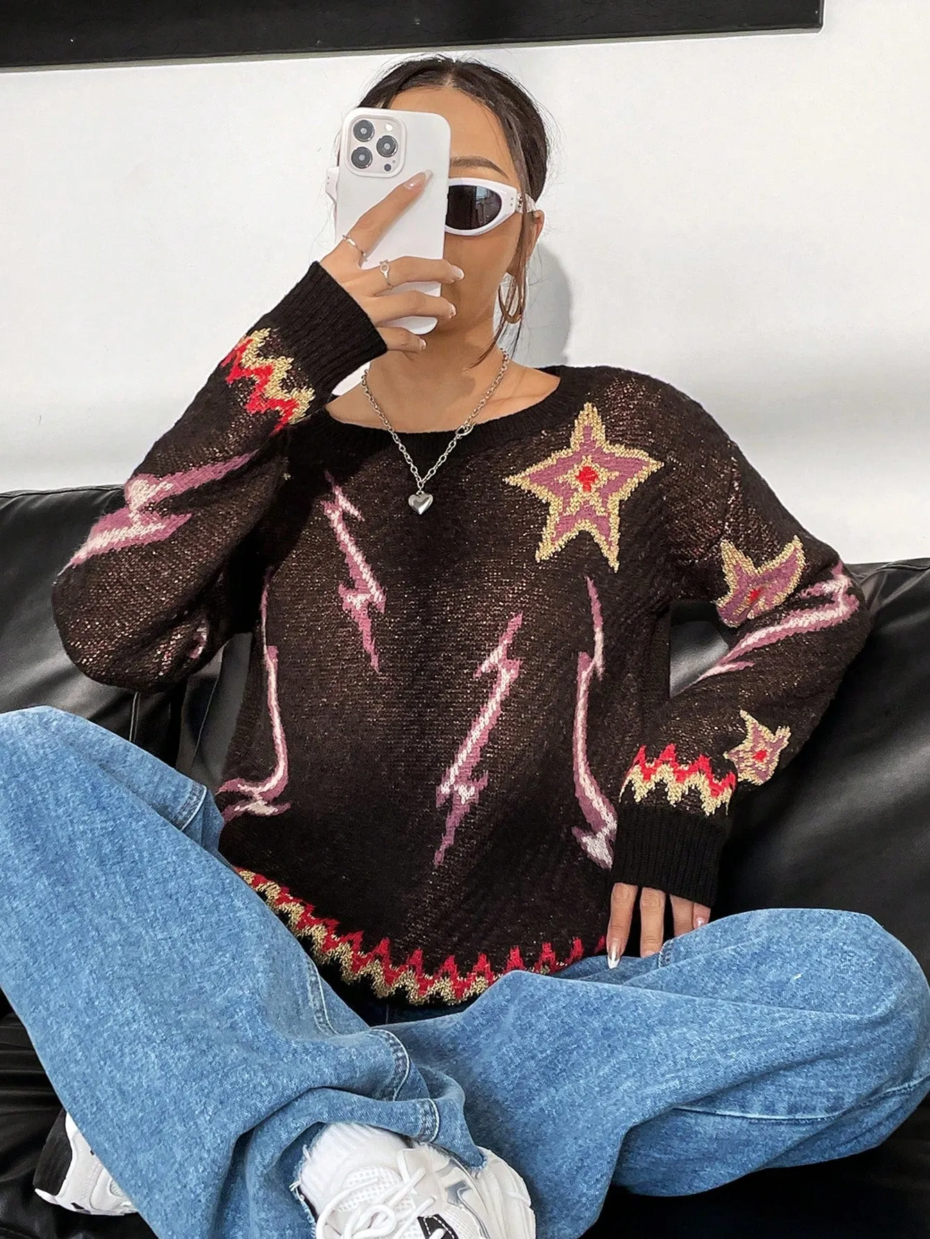 Star & Lightning Pattern Drop Shoulder Sweater