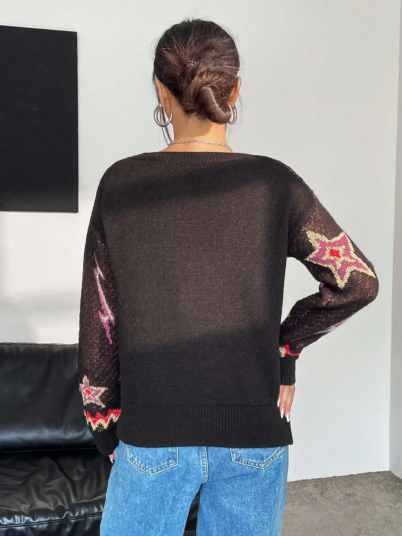 Star & Lightning Pattern Drop Shoulder Sweater