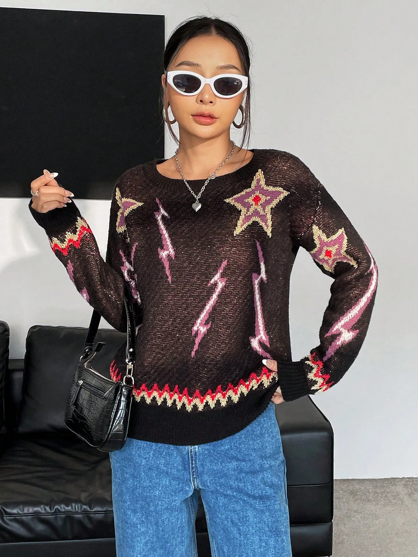 Star & Lightning Pattern Drop Shoulder Sweater