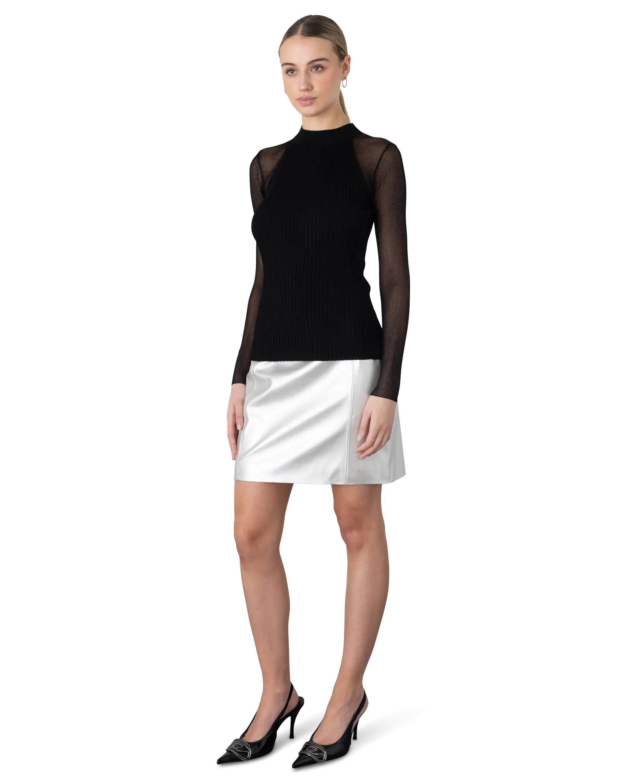 Stassi Sheer-Sleeved Ribbed Sweater