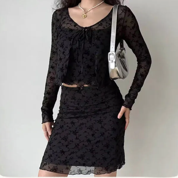 Strap slim cardigan & short skirt suit