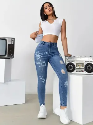 Stretch Trousers Slim Fit Jeans Print Flower Casual Fashion