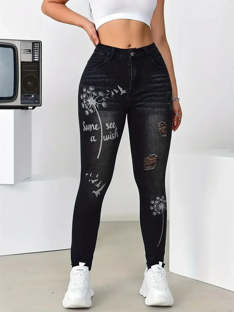 Stretch Trousers Slim Fit Jeans Print Flower Casual Fashion
