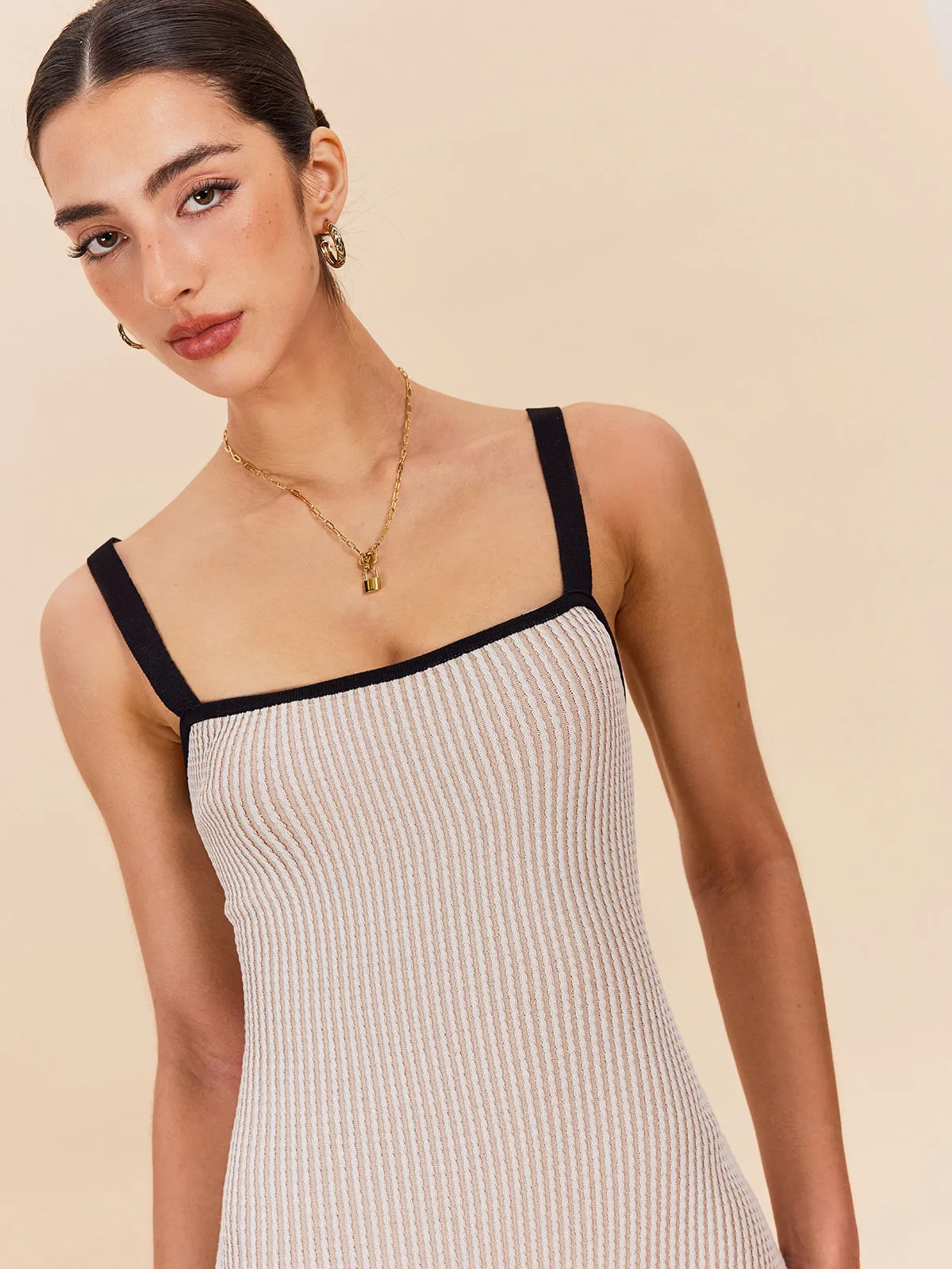 Striped Contrast Trim Spaghetti Strap Sweater Dress