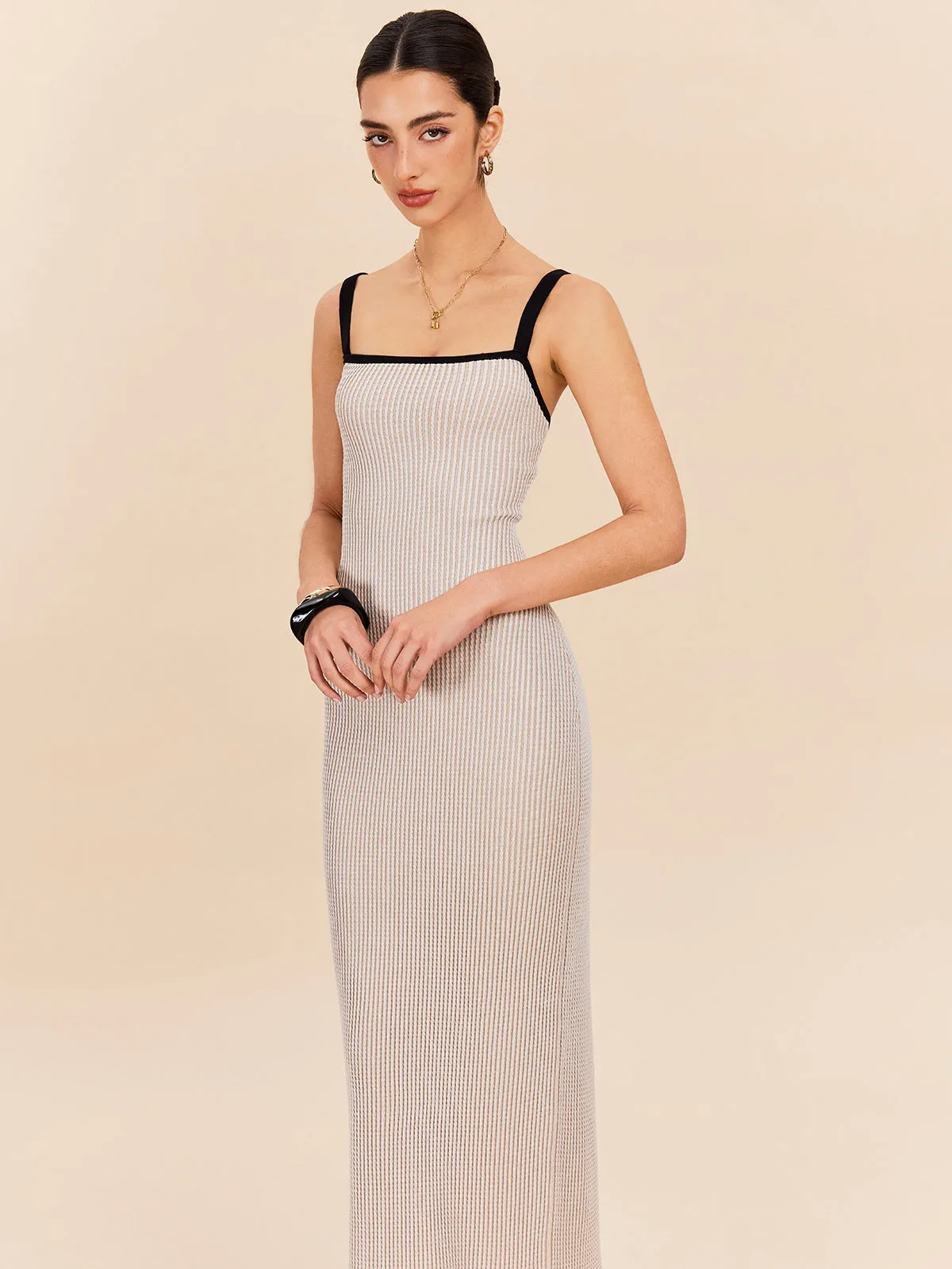 Striped Contrast Trim Spaghetti Strap Sweater Dress