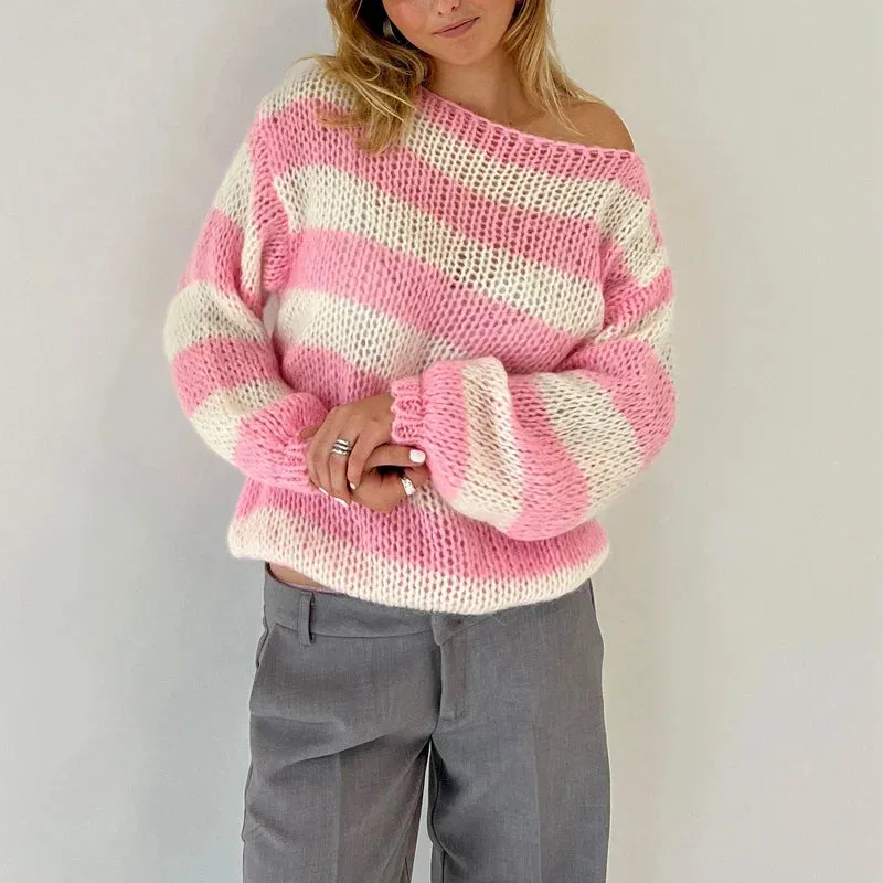 Striped Loose Fit Knitted Long Sleeve Sweater
