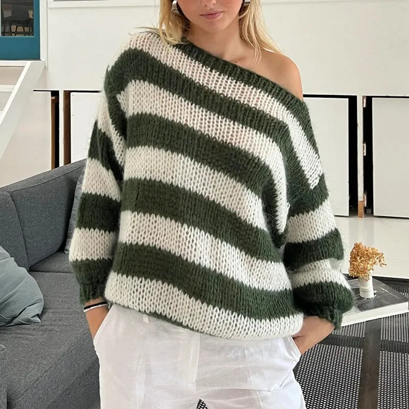 Striped Loose Fit Knitted Long Sleeve Sweater