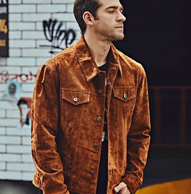The Men’s Biker Jacket, crafted from premium pigskin leather, combines rugged durability with sleek American style.