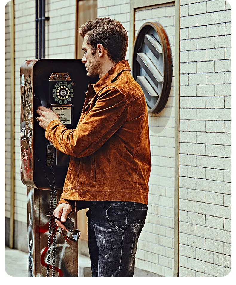 The Men’s Biker Jacket, crafted from premium pigskin leather, combines rugged durability with sleek American style.