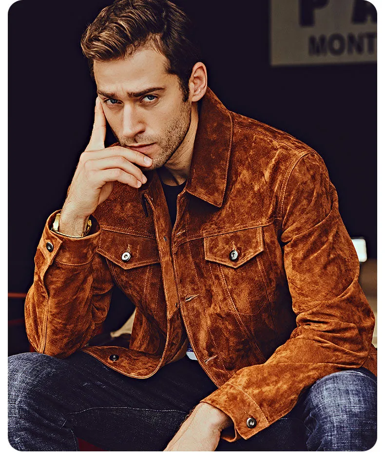 The Men’s Biker Jacket, crafted from premium pigskin leather, combines rugged durability with sleek American style.