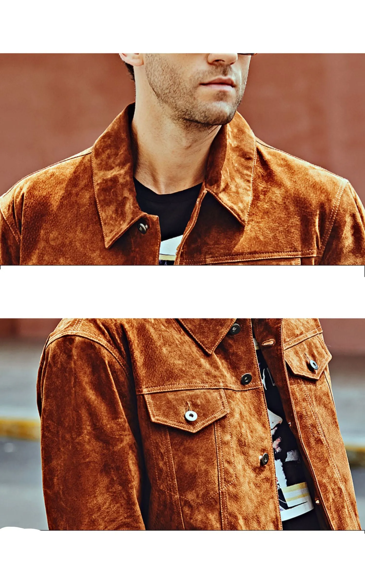 The Men’s Biker Jacket, crafted from premium pigskin leather, combines rugged durability with sleek American style.