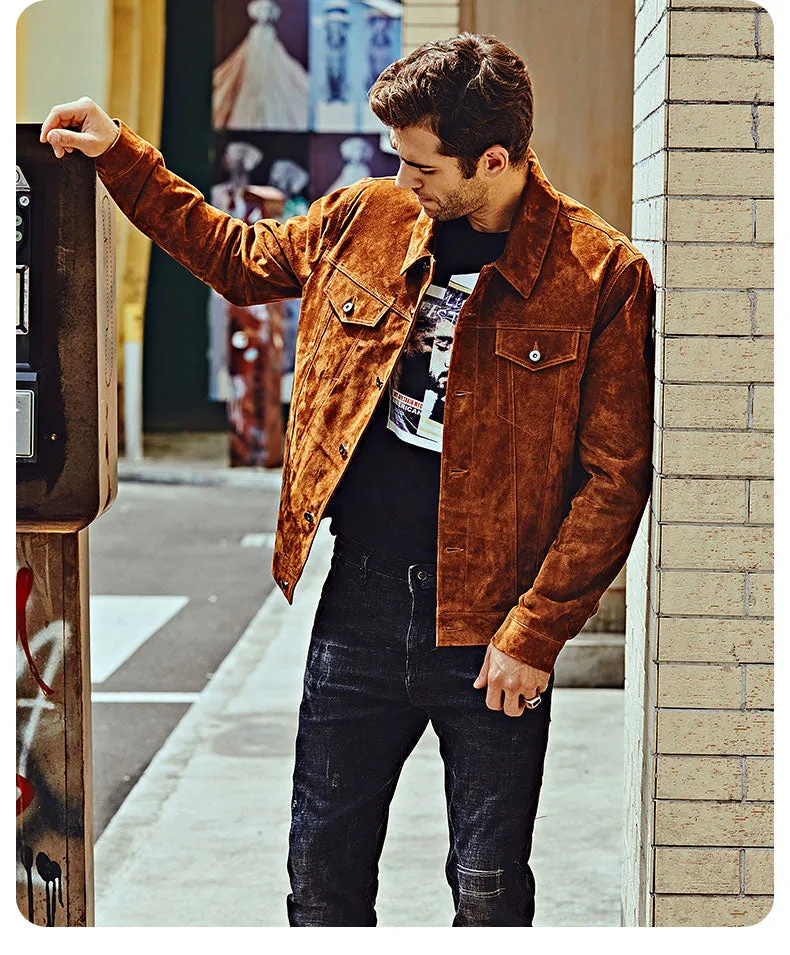 The Men’s Biker Jacket, crafted from premium pigskin leather, combines rugged durability with sleek American style.