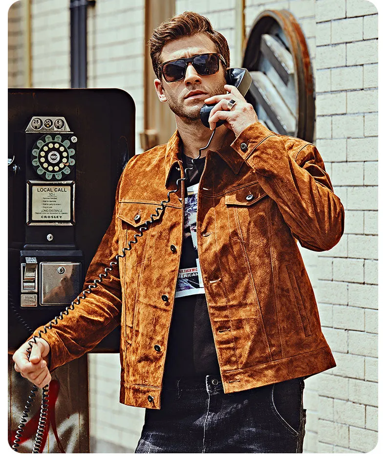 The Men’s Biker Jacket, crafted from premium pigskin leather, combines rugged durability with sleek American style.
