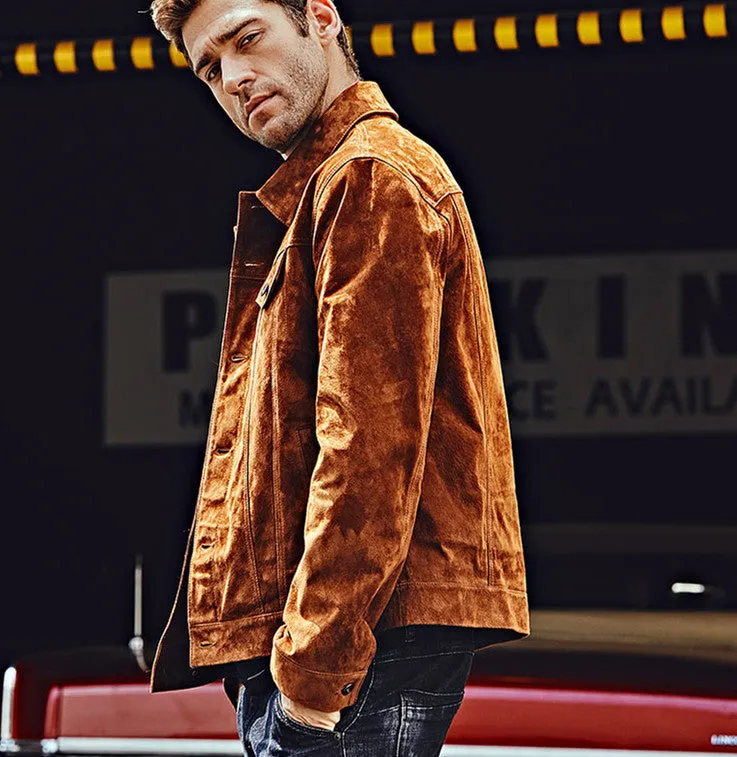 The Men’s Biker Jacket, crafted from premium pigskin leather, combines rugged durability with sleek American style.