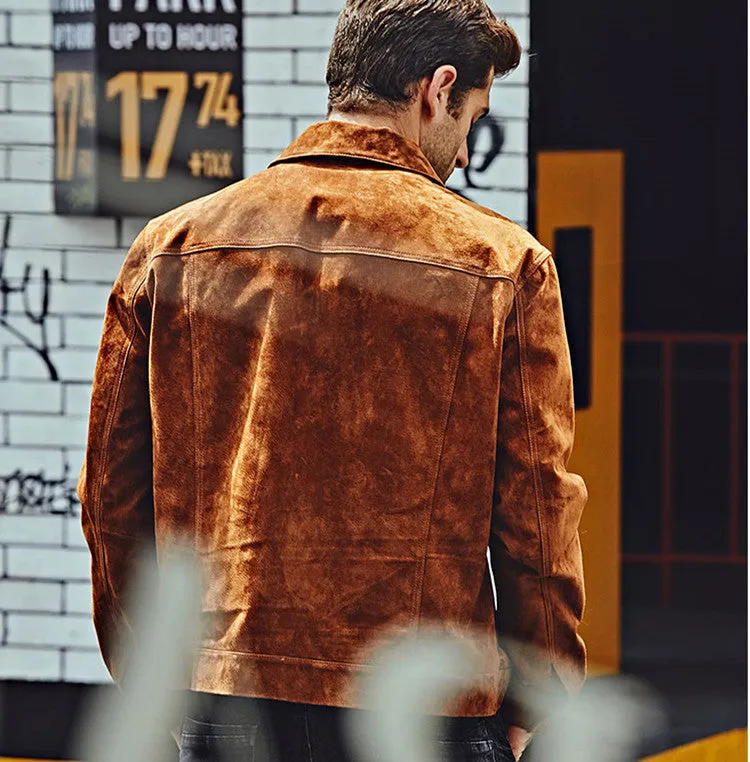 The Men’s Biker Jacket, crafted from premium pigskin leather, combines rugged durability with sleek American style.