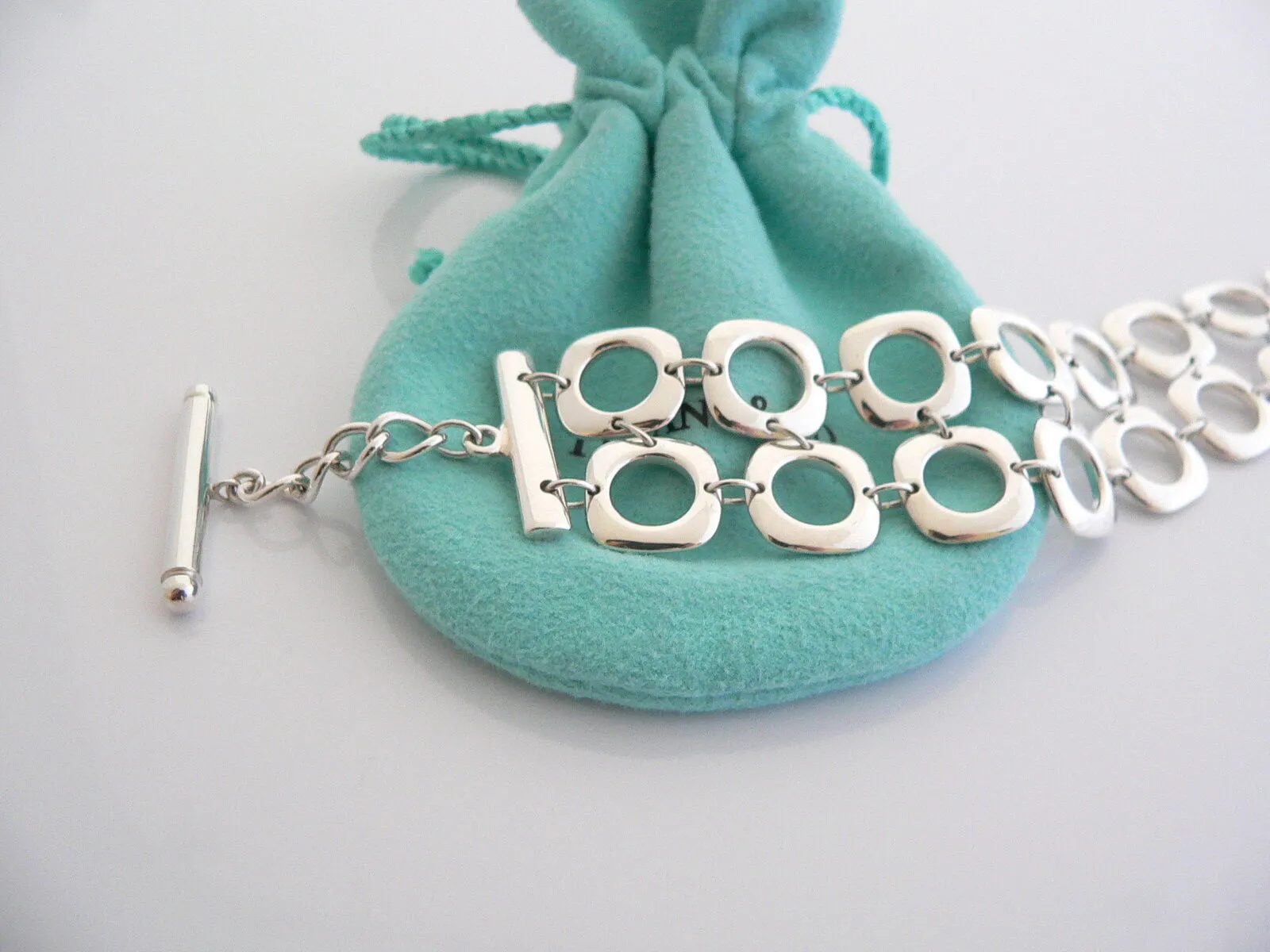 Tiffany & Co Cushion Square Link Toggle Bracelet Silver Double Chain Gift Pouch