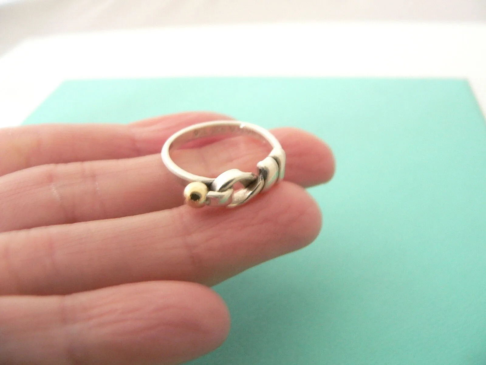 Tiffany & Co Silver 18K Gold Love Knot Ring Hook Stacking Band Sz 6 Gift
