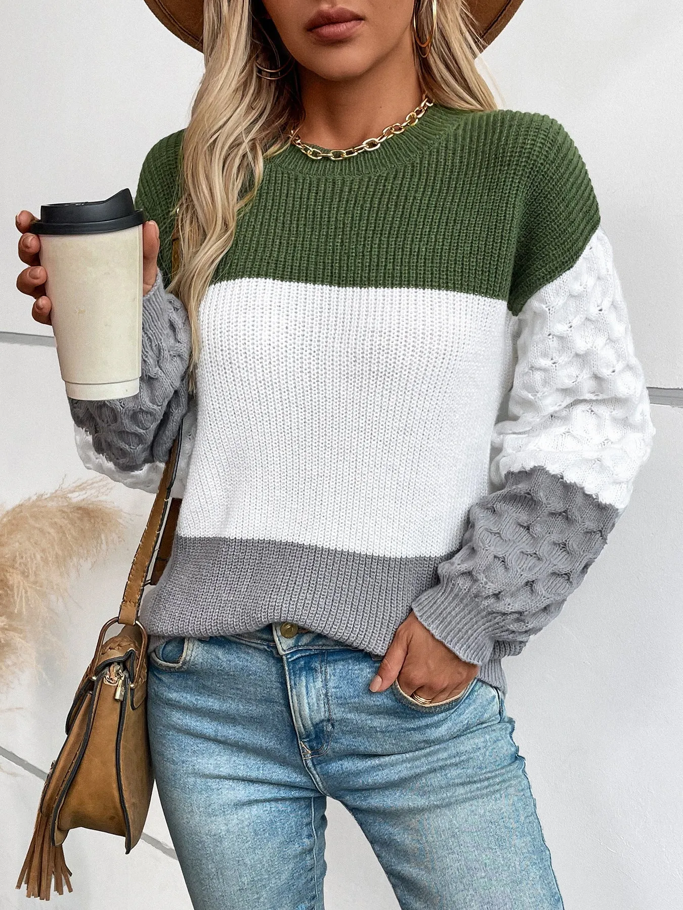Trendy Women's Cable Knit Sweater with a Round Neck Design