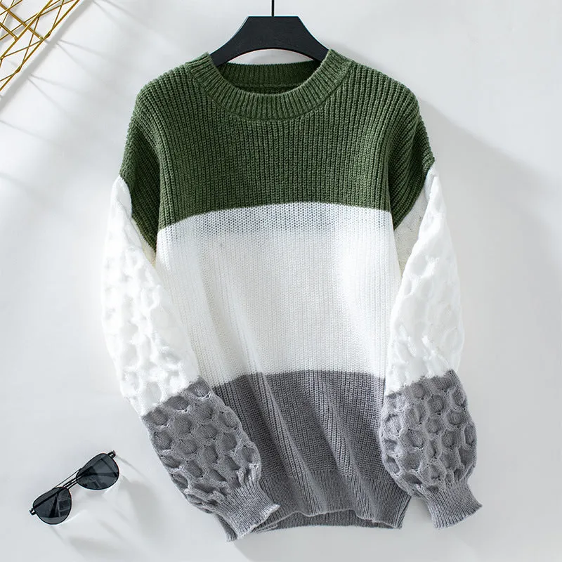 Trendy Women's Cable Knit Sweater with a Round Neck Design