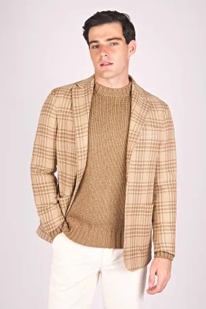 Unstructured Camel Wool Single-Breasted Check Jacket
