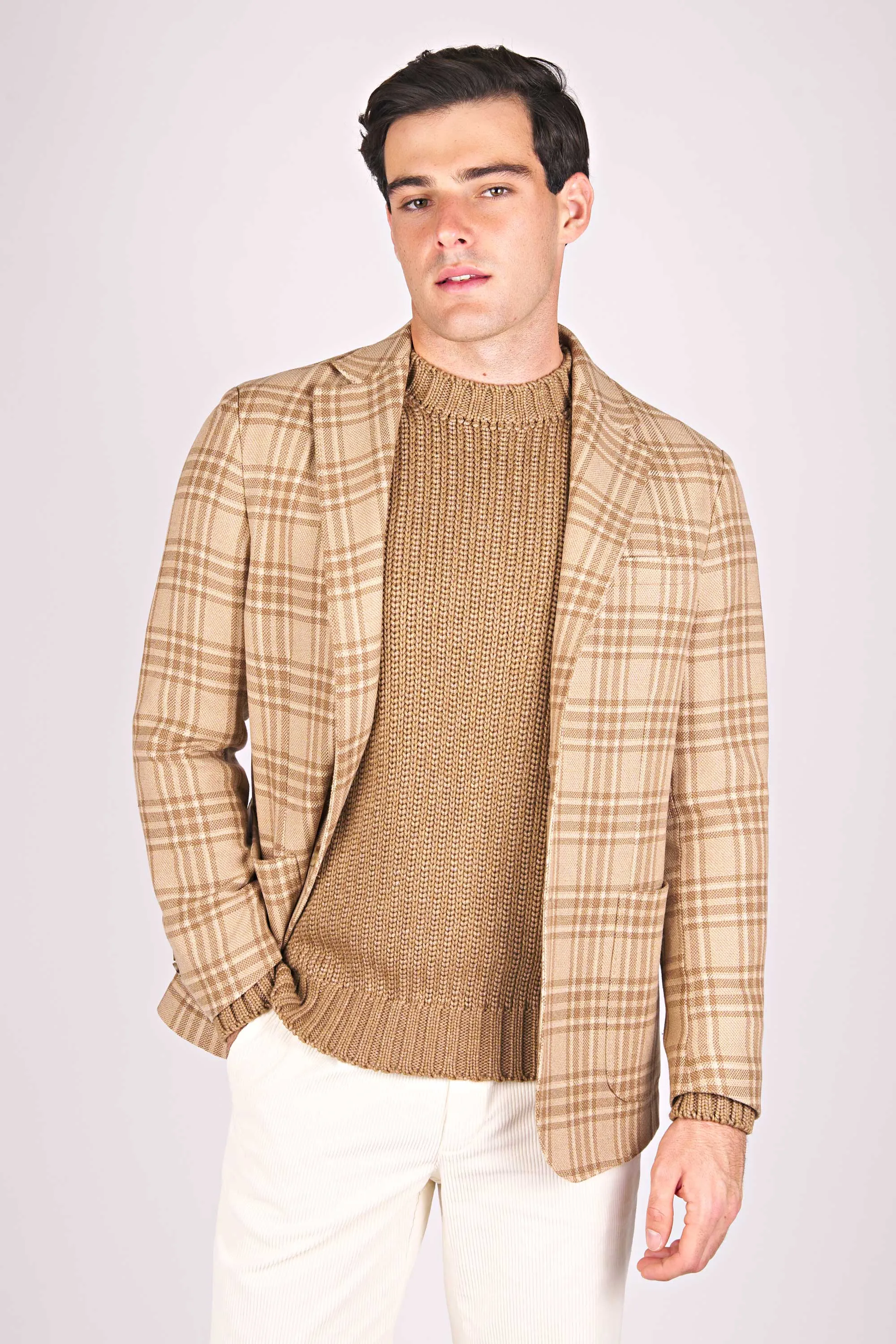 Unstructured Camel Wool Single-Breasted Check Jacket