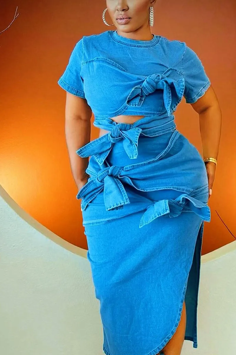 UR3118 Denim Shirt and Skirt Set Top