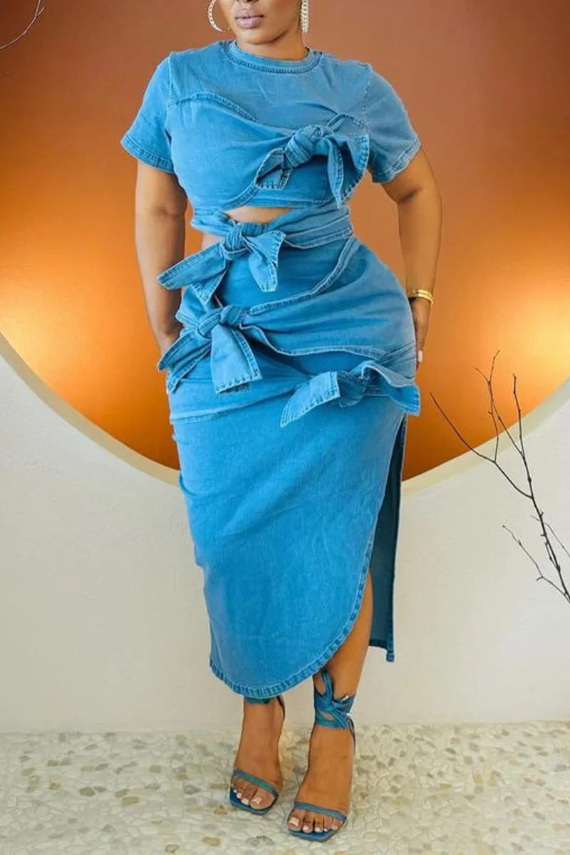 UR3118 Denim Shirt and Skirt Set Top