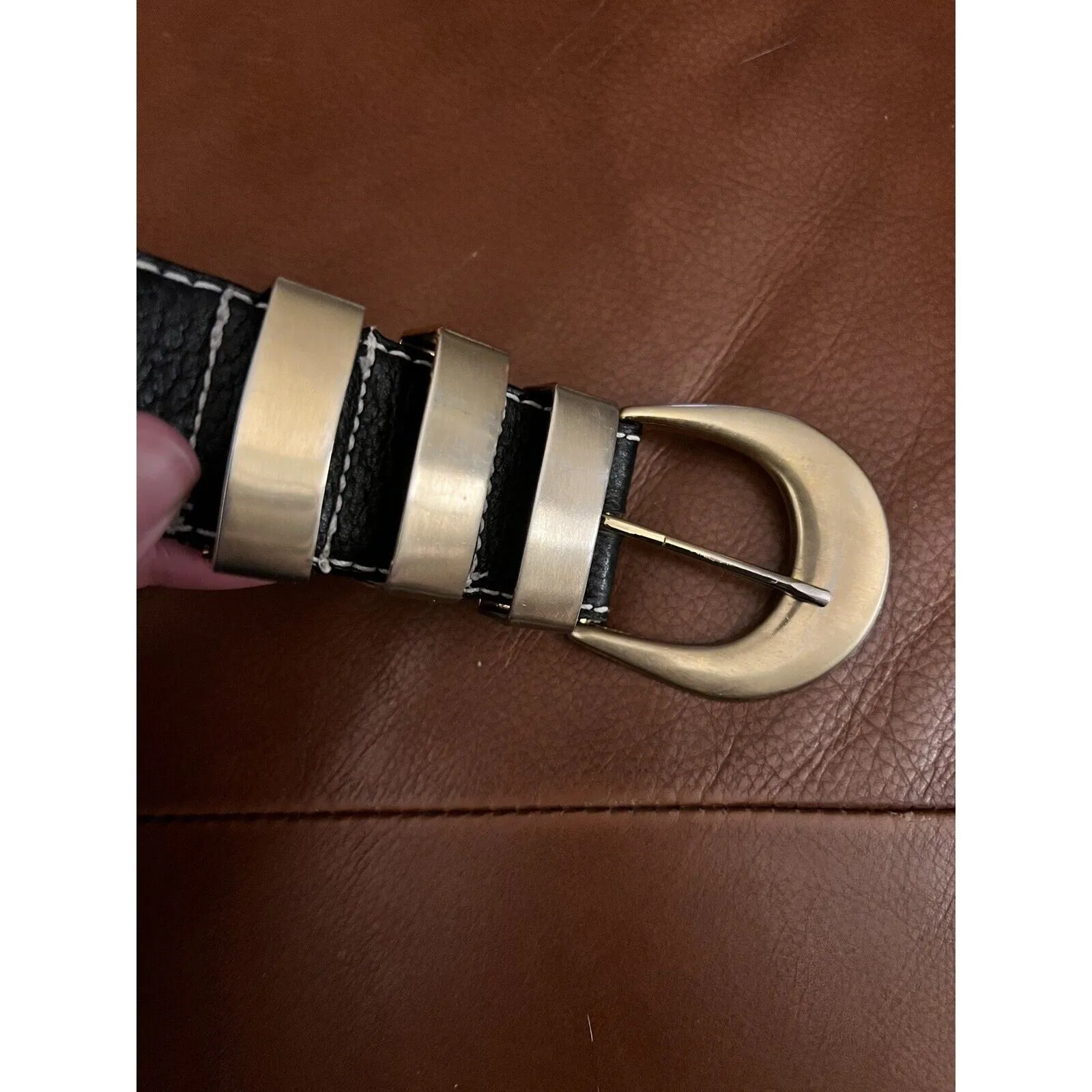 Vintage Liz Claiborne Black Leather Belt with Gold Hardware – Retro Chic, Small