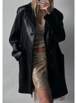 Vintage Oversized Long Black Leather Jacket