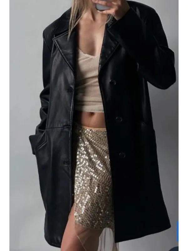 Vintage Oversized Long Black Leather Jacket