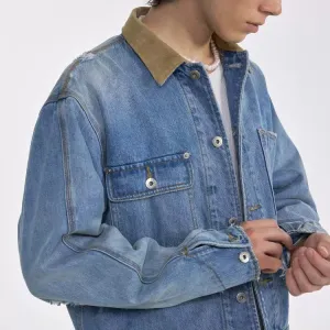 Vintage Washed Corduroy Collar Denim Jacket