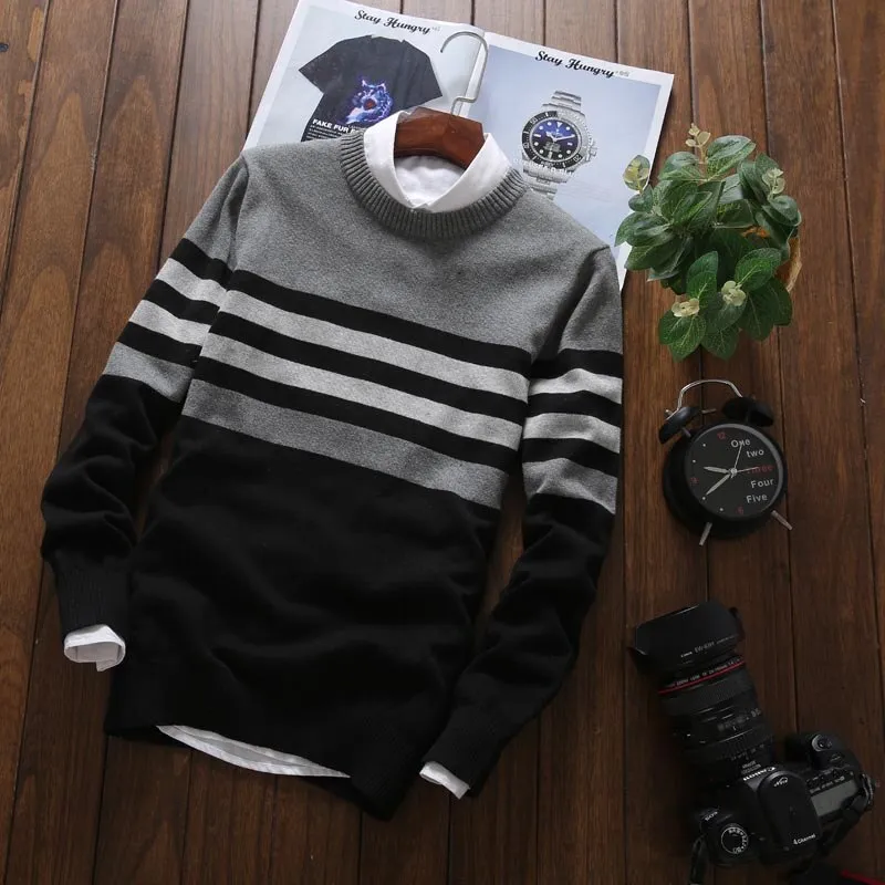 Warm Casual Pullover Men Round Neck Patchwork Knitted  Men Sweaters