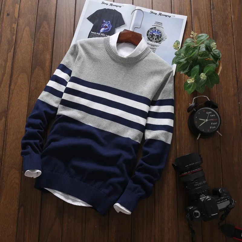 Warm Casual Pullover Men Round Neck Patchwork Knitted  Men Sweaters
