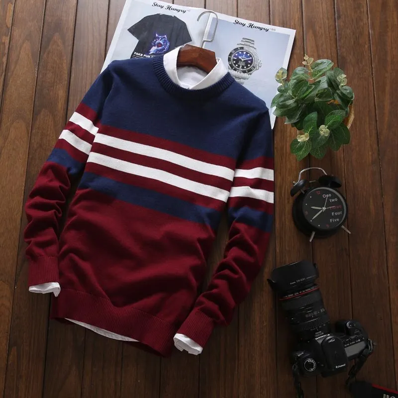 Warm Casual Pullover Men Round Neck Patchwork Knitted  Men Sweaters