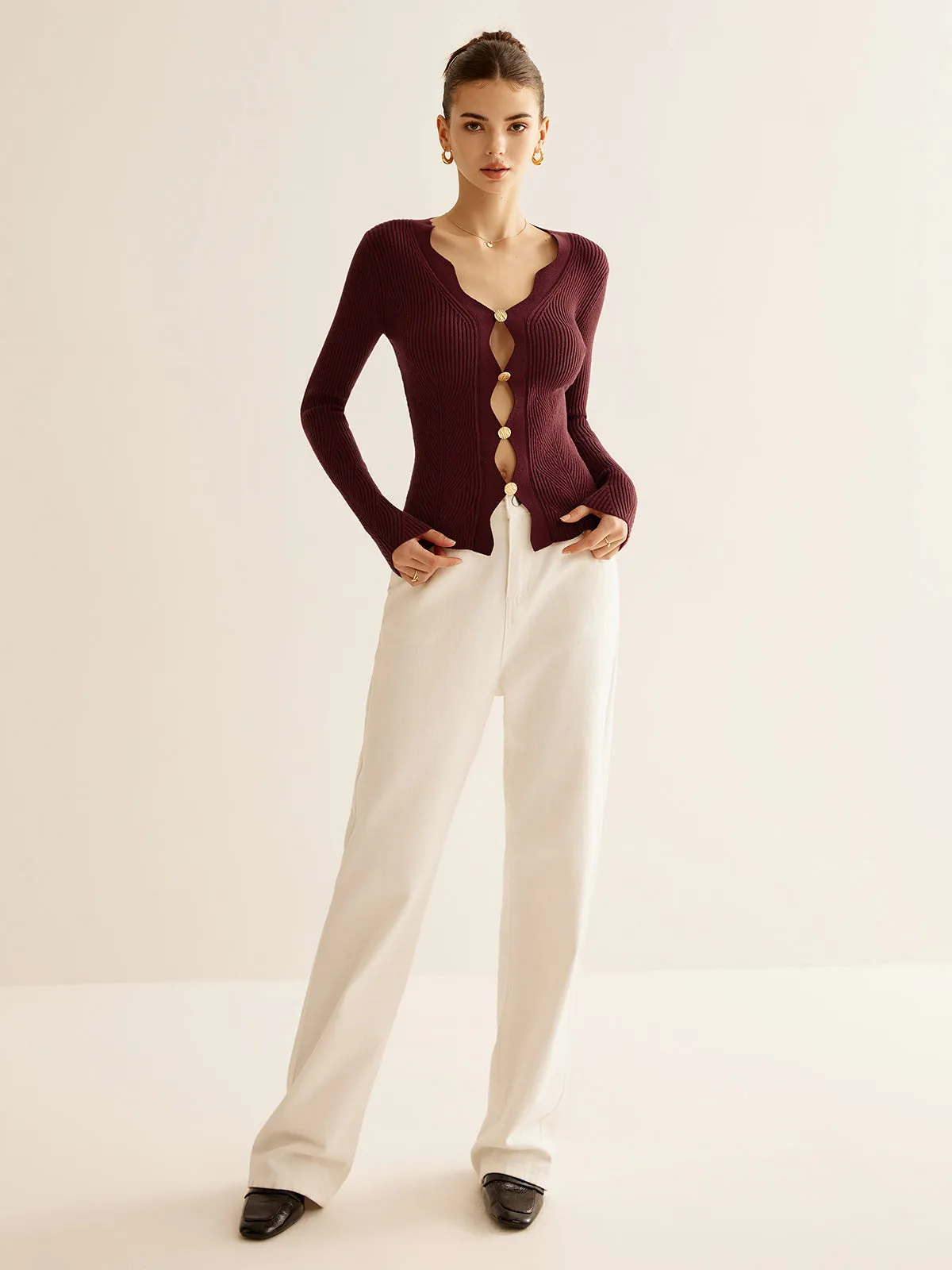 Wave Trim Cutout Slim Knit Top