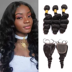 Wavymy Unprocess Loose Wave Virgin Human Hair Weave 3 Bundles With 4x4 Lace Closure