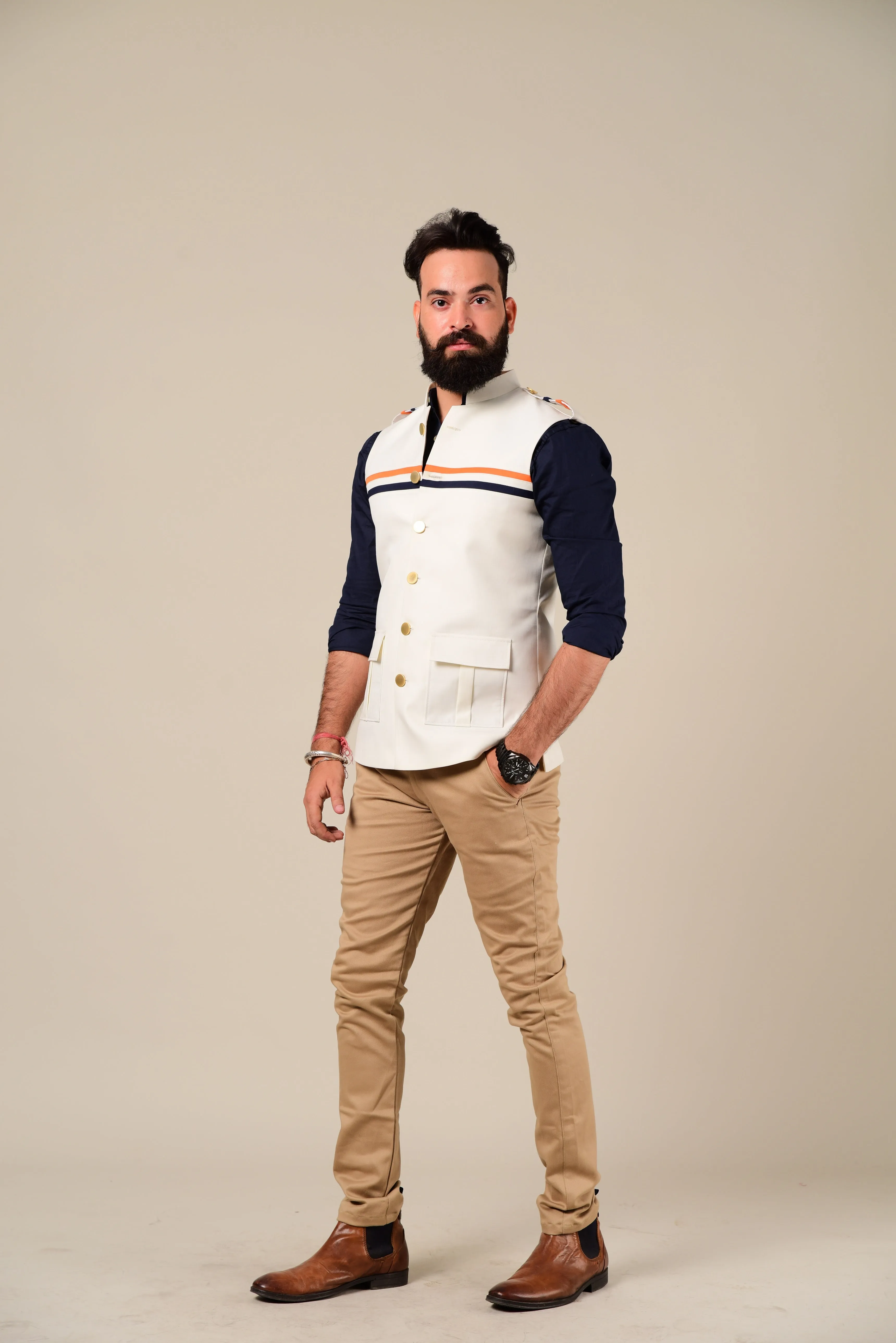 White Half Hunting Jacket With Navy & Saffron Strips