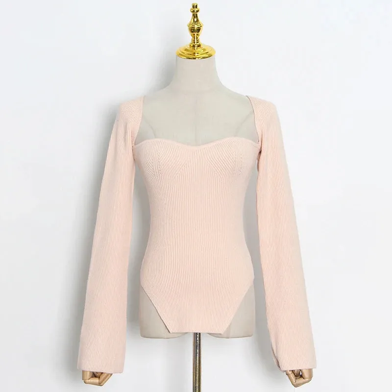 White Side Split Knitted Women's Top Sweater Square Collar Long Sleeve Off Shoulder Sweaters