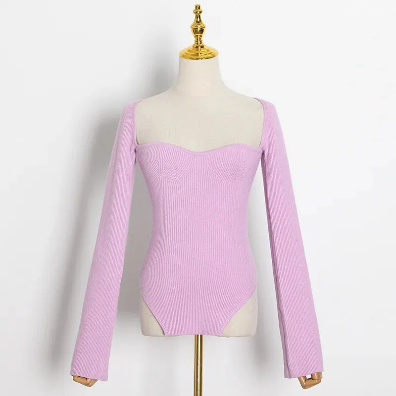 White Side Split Knitted Women's Top Sweater Square Collar Long Sleeve Off Shoulder Sweaters