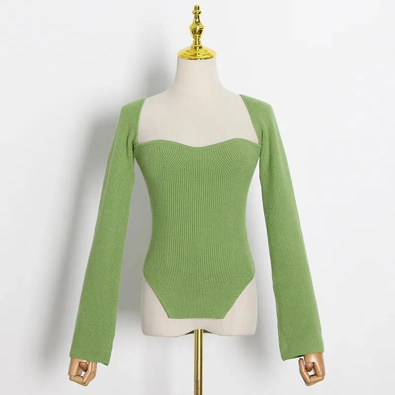 White Side Split Knitted Women's Top Sweater Square Collar Long Sleeve Off Shoulder Sweaters