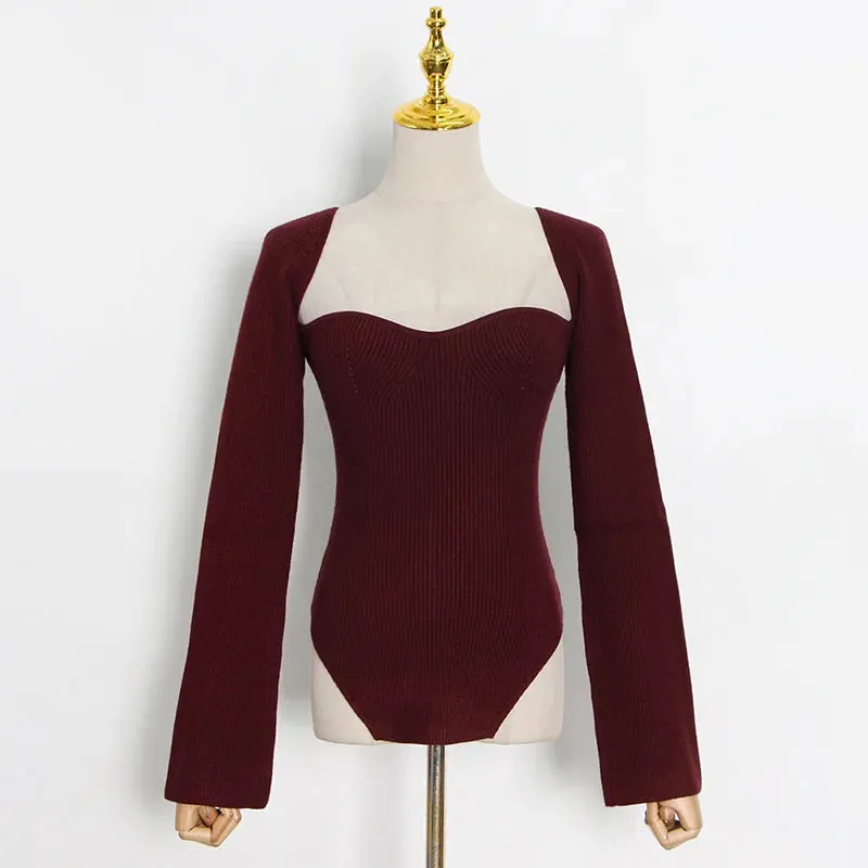 White Side Split Knitted Women's Top Sweater Square Collar Long Sleeve Off Shoulder Sweaters