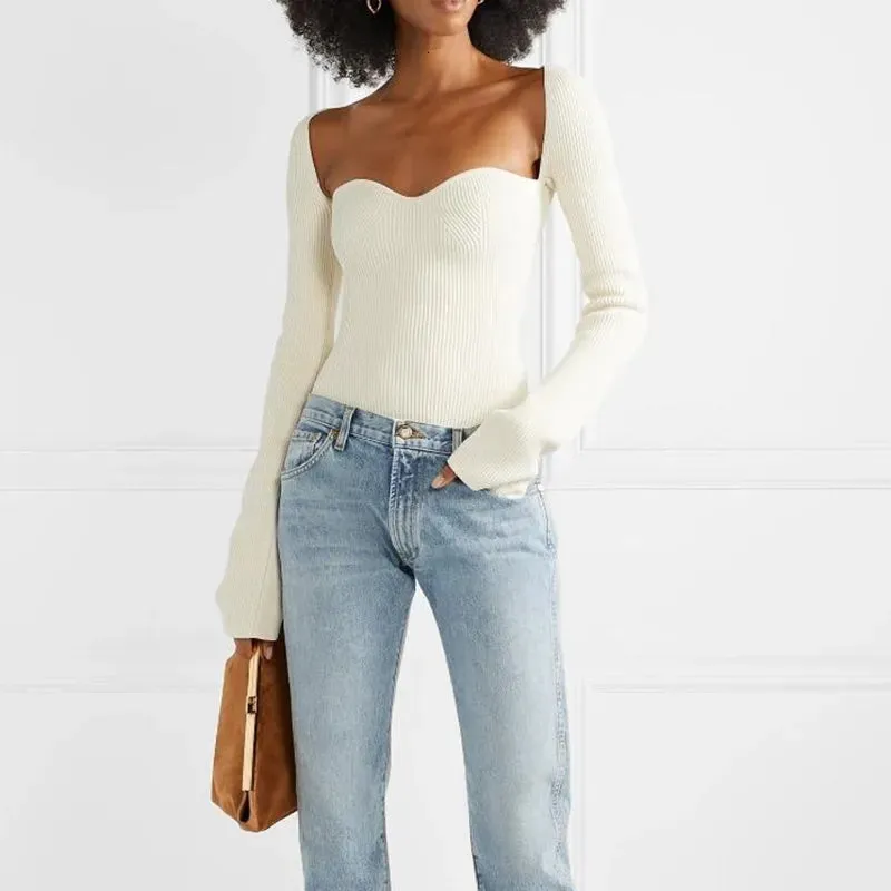White Side Split Knitted Women's Top Sweater Square Collar Long Sleeve Off Shoulder Sweaters