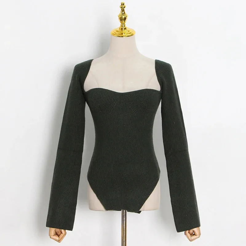 White Side Split Knitted Women's Top Sweater Square Collar Long Sleeve Off Shoulder Sweaters