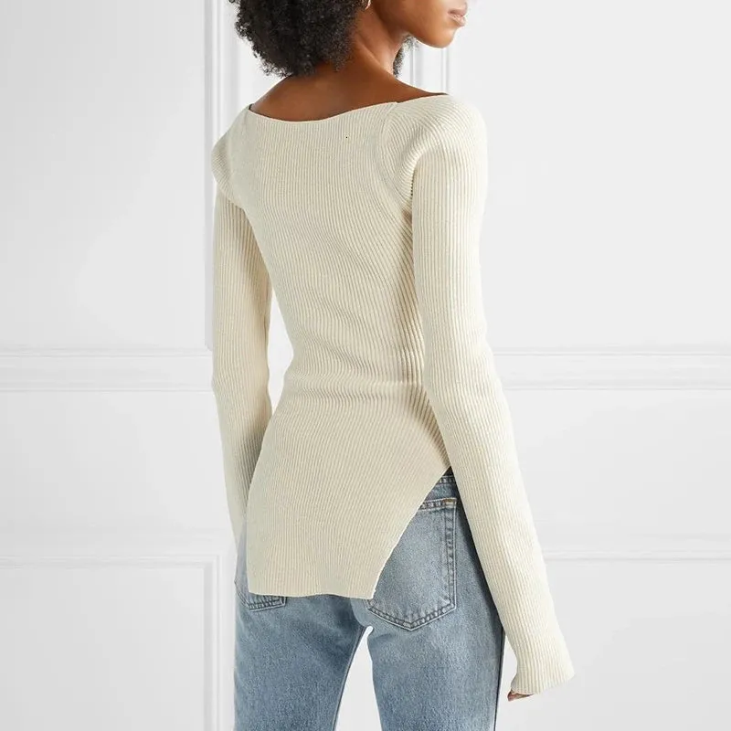 White Side Split Knitted Women's Top Sweater Square Collar Long Sleeve Off Shoulder Sweaters